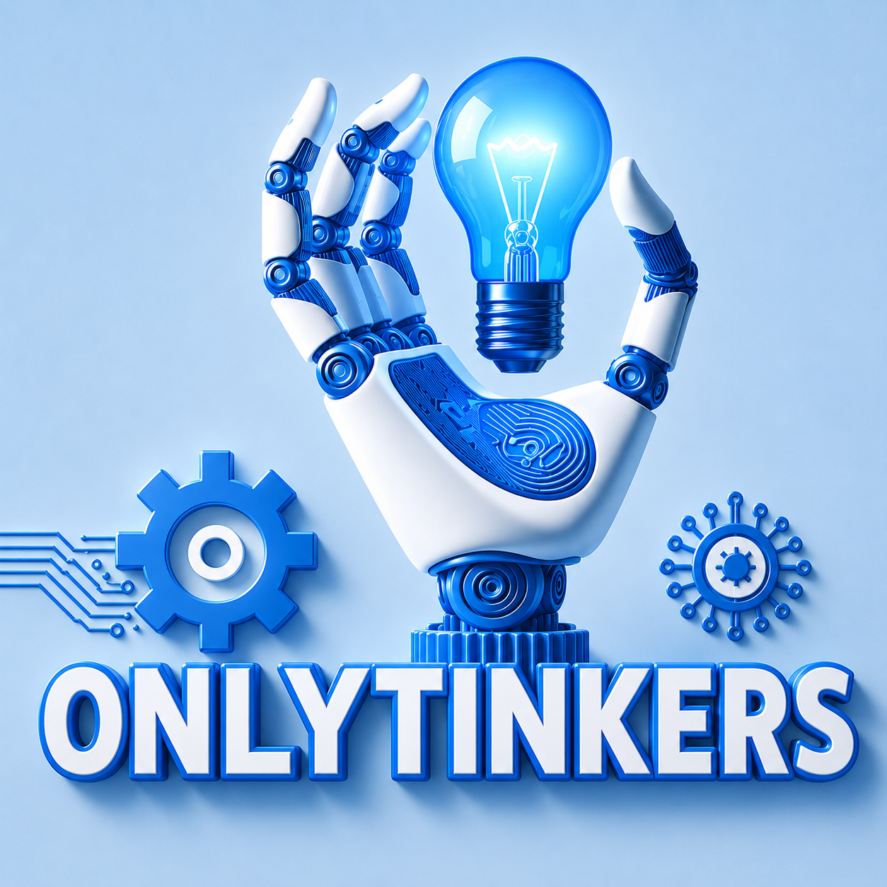 OnlyTinkers logo: a robotic hand holding a glowing idea